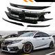 For 16-18 Honda Civic Glossy Blk Rs Si Style Front Grille+hood Bumper Trim Cover