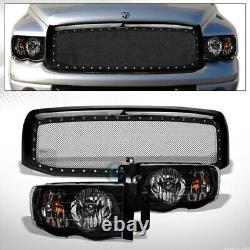 Fit 02-05 Dodge Ram Blk Headlight Parking Signal nb+Rivet Bolt Mesh Front Grille
