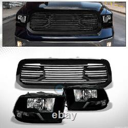 Fit 13-18 Dodge Ram 1500 Blk Dual Lamp Headlights nb+Big Horn Style Front Grille
