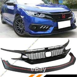 For 16-18 Honda CIVIC Ctr Style Front Bumper Lip Splitter + Honeycomb Blk Grille