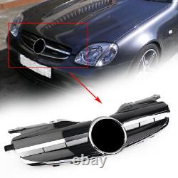 For Mercedes Benz R170 W170 SLK Class 1998-04 2-PIN Front Upper Grill Chrome Blk