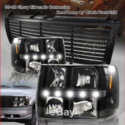 Pour 1999-2002 Chevrolet Silverado Led Drl Conversion Phares Noir + Blk Grille